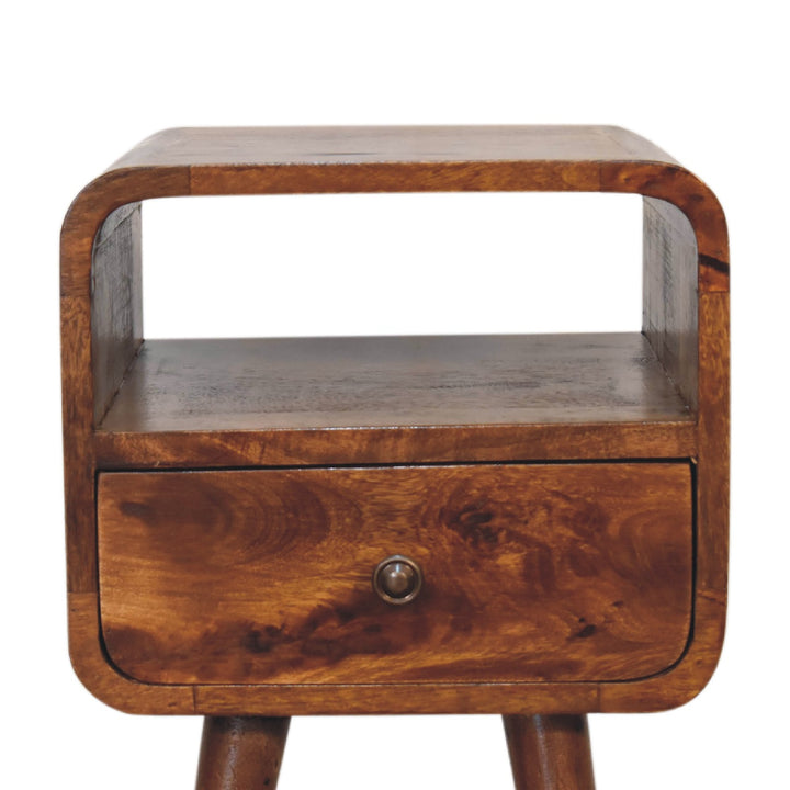 Brown Lacquered Solid Mango Wood Mini Open Bent Chestnut Bedside with Tapered Legs