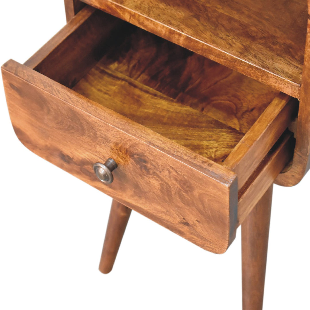 Brown Lacquered Solid Mango Wood Mini Open Bent Chestnut Bedside with Tapered Legs