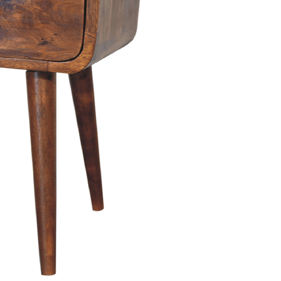 Brown Lacquered Solid Mango Wood Mini Open Bent Chestnut Bedside with Tapered Legs