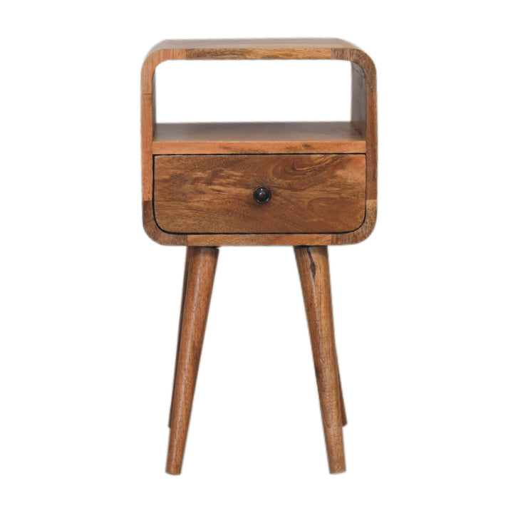 Brown Lacquered Whitewashed Grey Solid Mango Wood Mini Curved Bedside with 2 Drawers & Nordic Legs