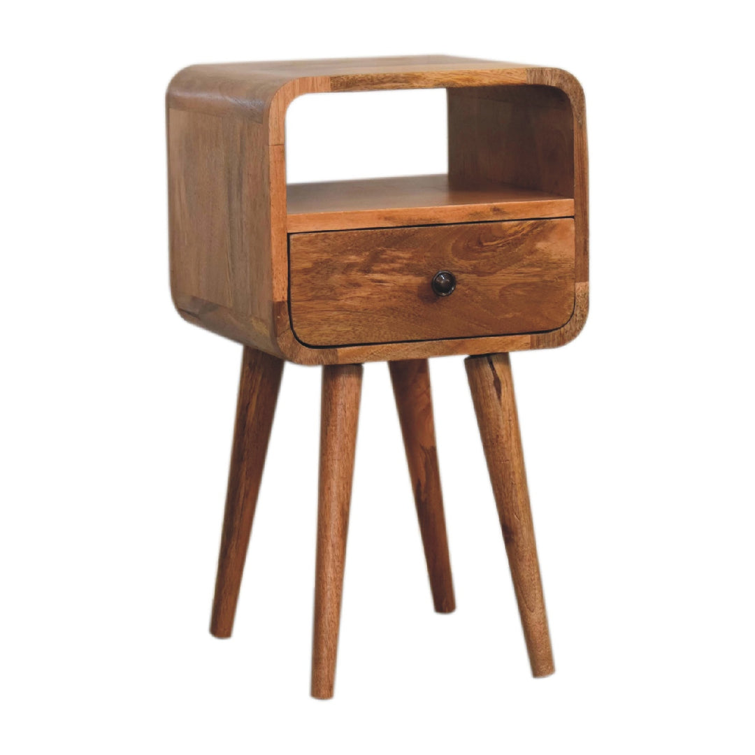 Brown Lacquered Whitewashed Grey Solid Mango Wood Mini Curved Bedside with 2 Drawers & Nordic Legs