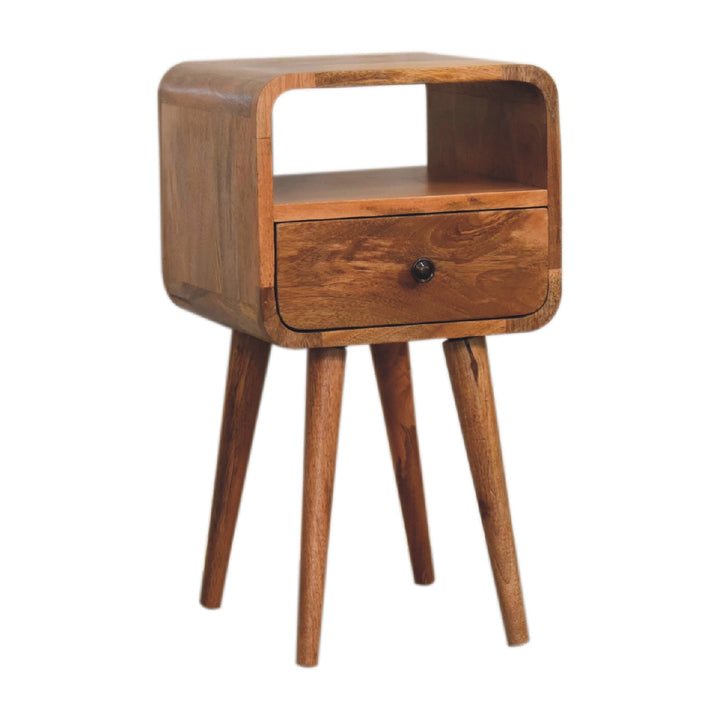 Brown Lacquered Whitewashed Grey Solid Mango Wood Mini Curved Bedside with 2 Drawers & Nordic Legs