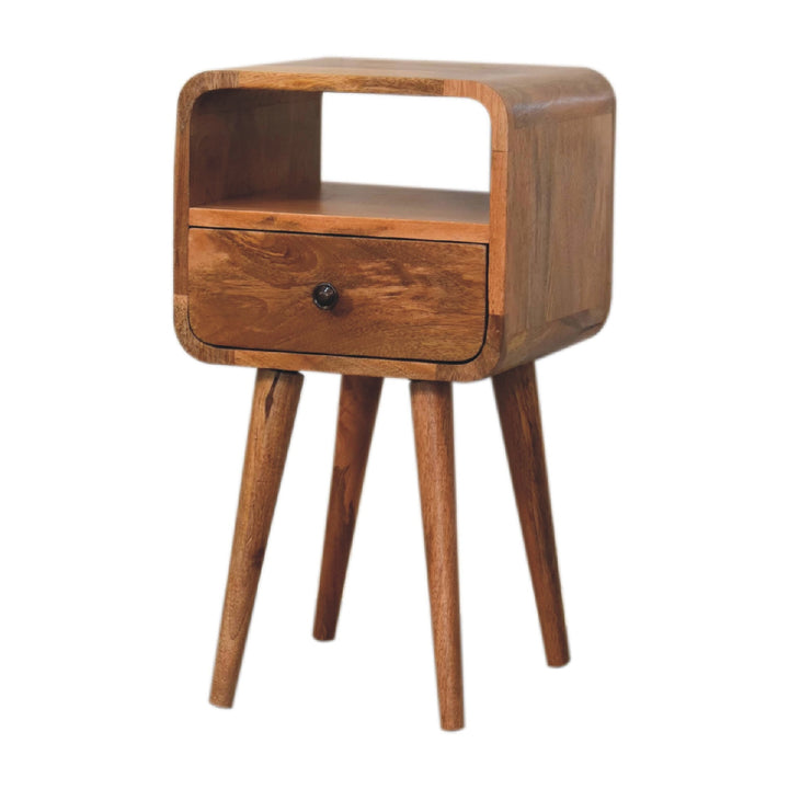 Brown Lacquered Whitewashed Grey Solid Mango Wood Mini Curved Bedside with 2 Drawers & Nordic Legs