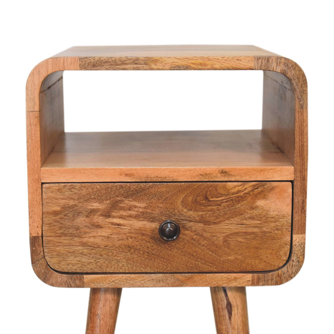 Brown Lacquered Whitewashed Grey Solid Mango Wood Mini Curved Bedside with 2 Drawers & Nordic Legs