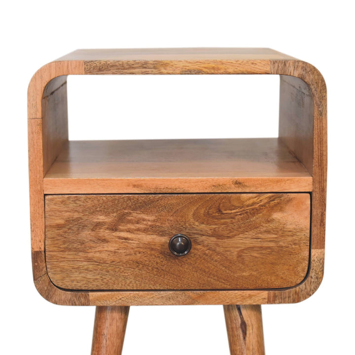 Brown Lacquered Whitewashed Grey Solid Mango Wood Mini Curved Bedside with 2 Drawers & Nordic Legs
