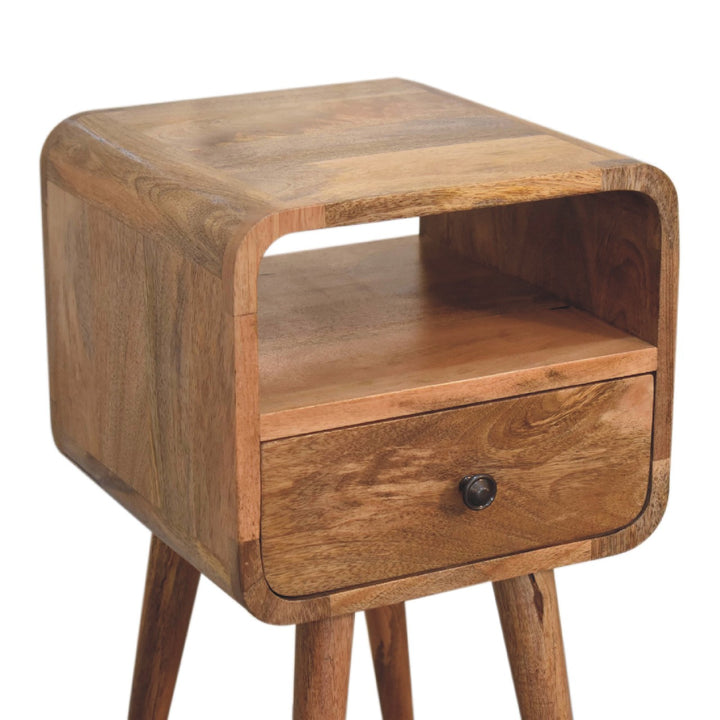 Brown Lacquered Whitewashed Grey Solid Mango Wood Mini Curved Bedside with 2 Drawers & Nordic Legs