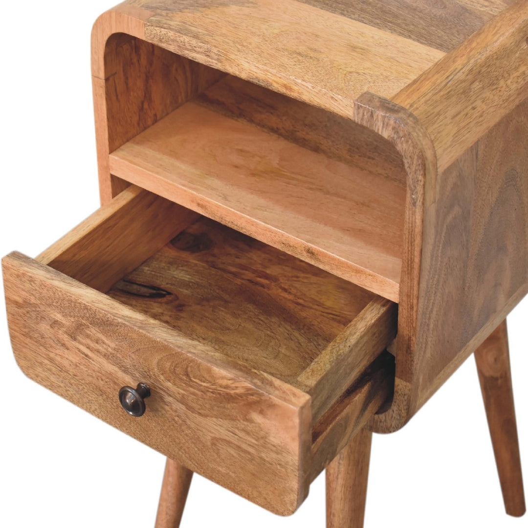 Brown Lacquered Whitewashed Grey Solid Mango Wood Mini Curved Bedside with 2 Drawers & Nordic Legs