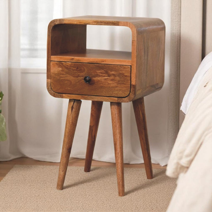 Brown Lacquered Whitewashed Grey Solid Mango Wood Mini Curved Bedside with 2 Drawers & Nordic Legs