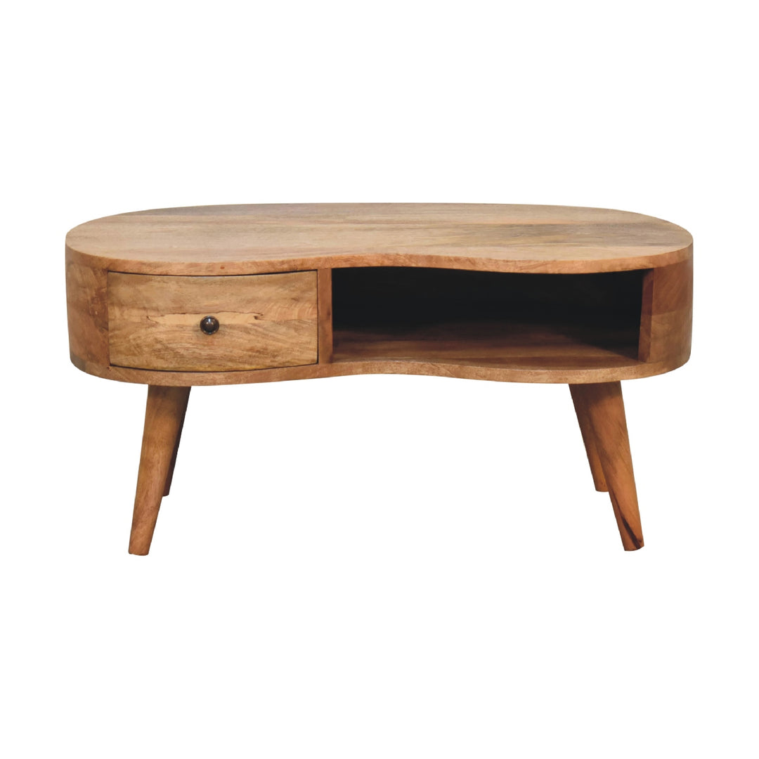 Beige Oak Veneer Solid Mango Wood Wave Coffee Table with 1 Drawer & Open Shelf