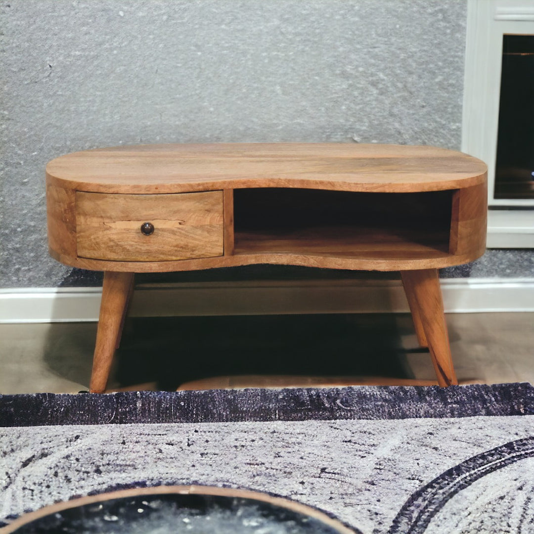 Beige Oak Veneer Solid Mango Wood Wave Coffee Table with 1 Drawer & Open Shelf