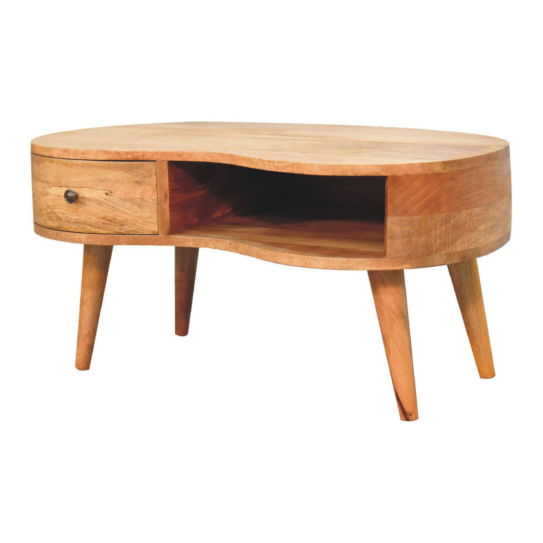 Beige Oak Veneer Solid Mango Wood Wave Coffee Table with 1 Drawer & Open Shelf