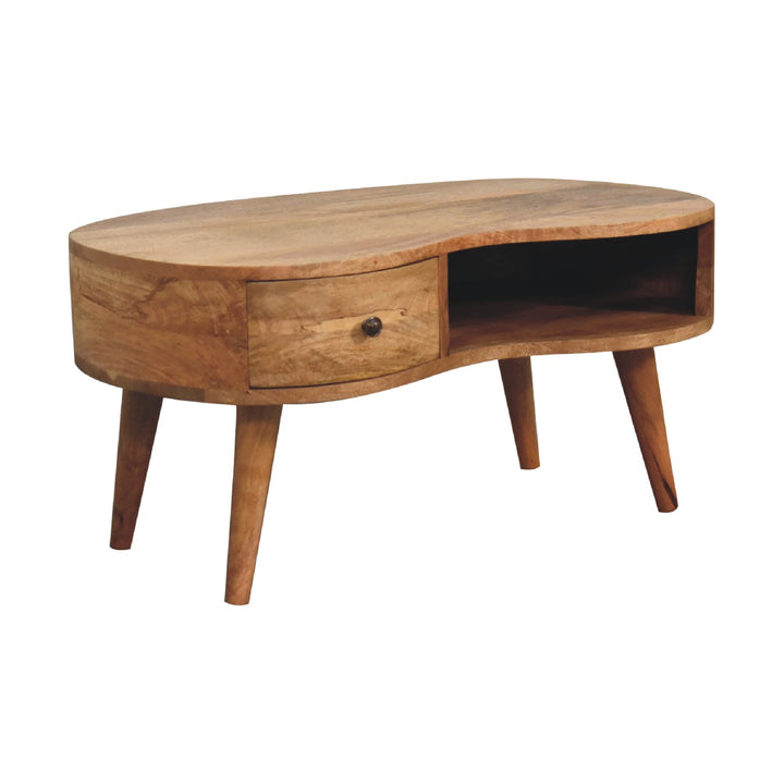 Beige Oak Veneer Solid Mango Wood Wave Coffee Table with 1 Drawer & Open Shelf
