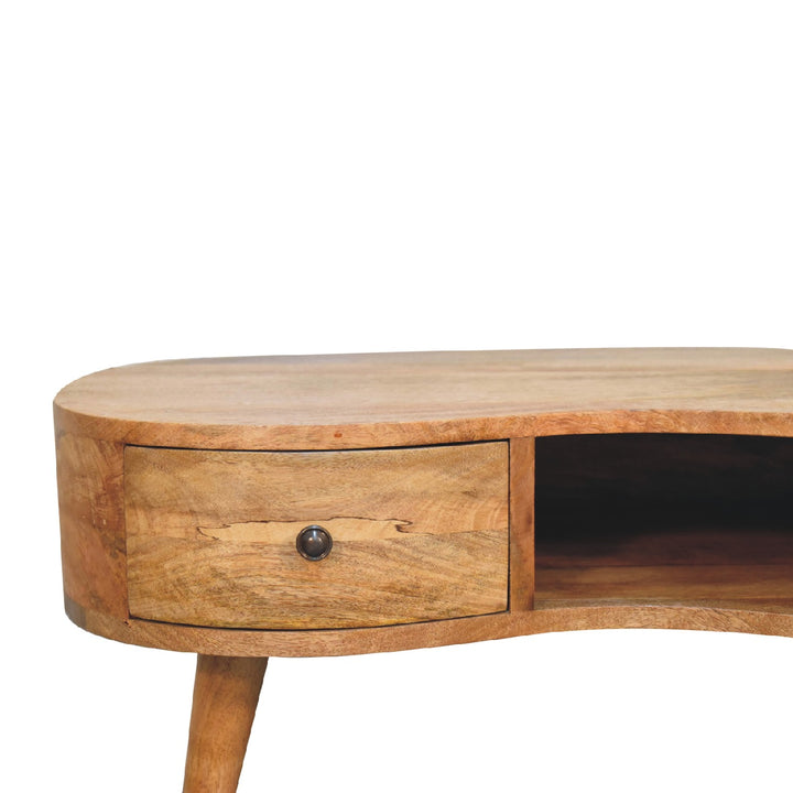 Beige Oak Veneer Solid Mango Wood Wave Coffee Table with 1 Drawer & Open Shelf