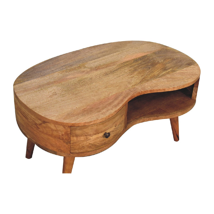 Beige Oak Veneer Solid Mango Wood Wave Coffee Table with 1 Drawer & Open Shelf