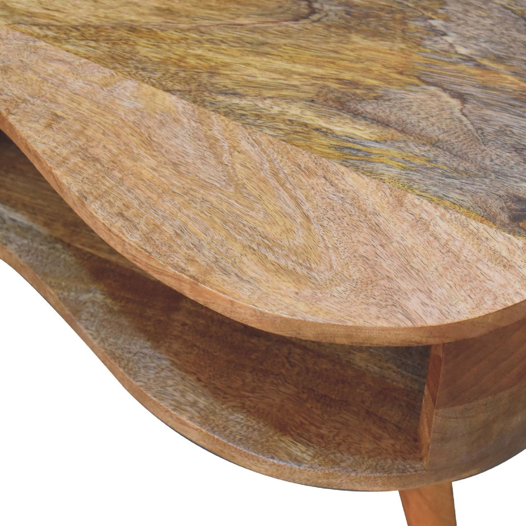 Beige Oak Veneer Solid Mango Wood Wave Coffee Table with 1 Drawer & Open Shelf