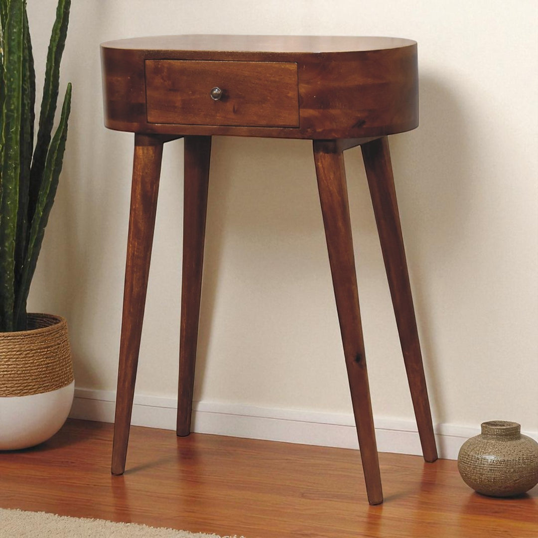 Solid Mango Wood Albion Mini Console Table with 1 Drawer & Scandinavian Legs | Chestnut Finish | 60 x 30 x 78 cm