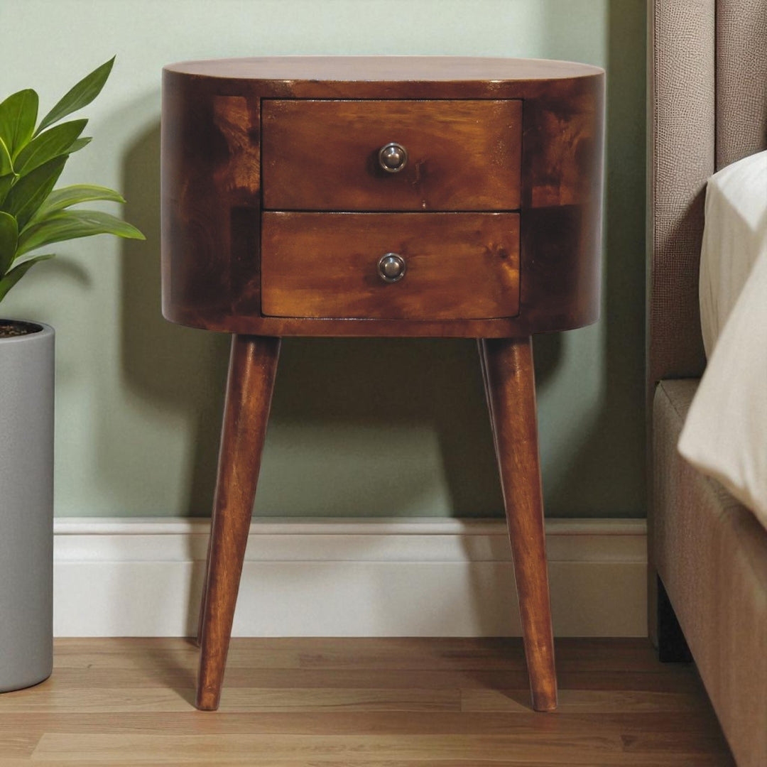 Solid Mango Wood Mini Rounded Bedside Table with 1 Drawer, Open Shelf & Nordic Legs | Chestnut Finish | 35 x 25 x 50 cm