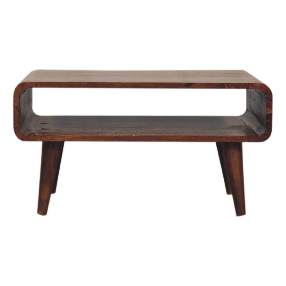 Brown Lacquered Chestnut Solid Mango Wood Minimalist TV Stand with Open Compartment & Tapered Legs