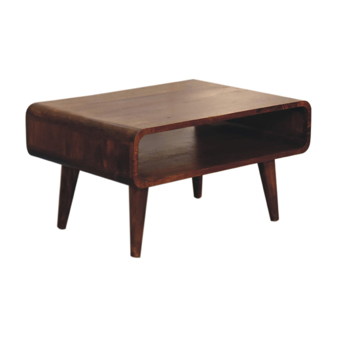 Brown Lacquered Chestnut Solid Mango Wood Minimalist TV Stand with Open Compartment & Tapered Legs