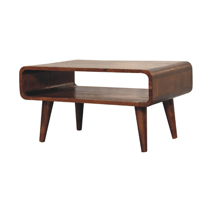 Brown Lacquered Chestnut Solid Mango Wood Minimalist TV Stand with Open Compartment & Tapered Legs