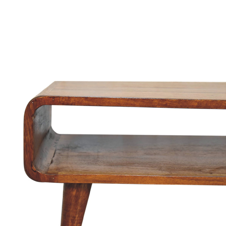 Brown Lacquered Chestnut Solid Mango Wood Minimalist TV Stand with Open Compartment & Tapered Legs