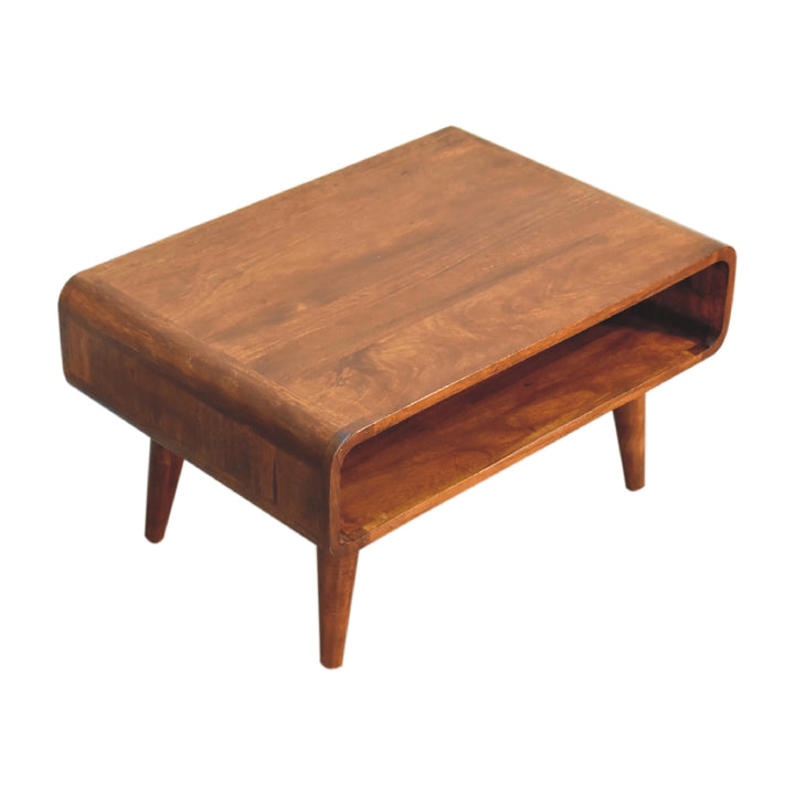 Brown Lacquered Chestnut Solid Mango Wood Minimalist TV Stand with Open Compartment & Tapered Legs