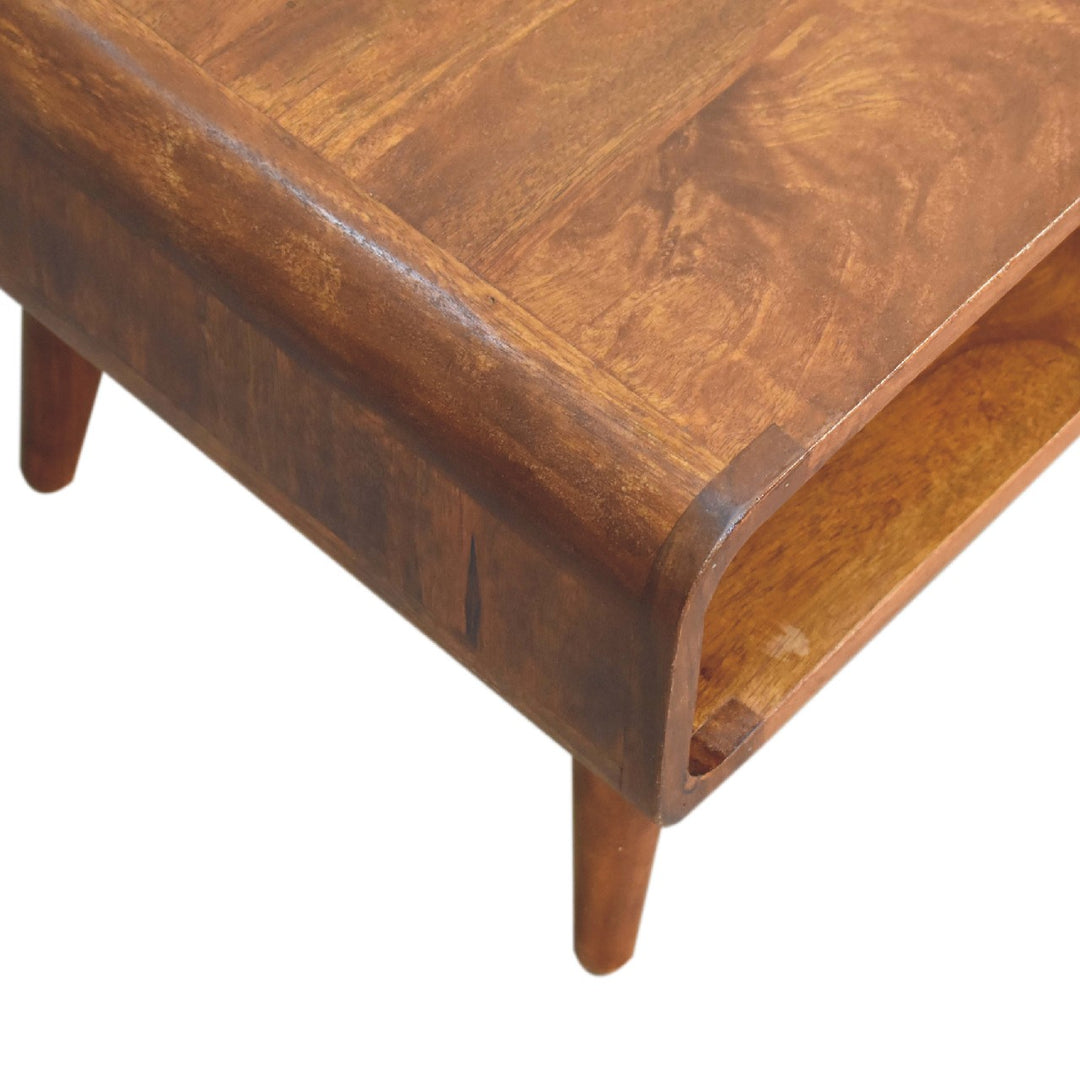 Brown Lacquered Chestnut Solid Mango Wood Minimalist TV Stand with Open Compartment & Tapered Legs