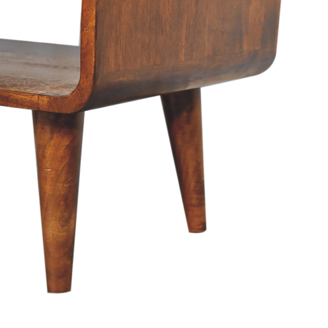 Brown Lacquered Chestnut Solid Mango Wood Minimalist TV Stand with Open Compartment & Tapered Legs