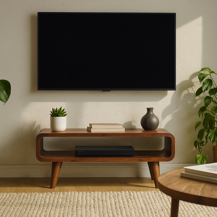 Brown Lacquered Chestnut Solid Mango Wood Minimalist TV Stand with Open Compartment & Tapered Legs