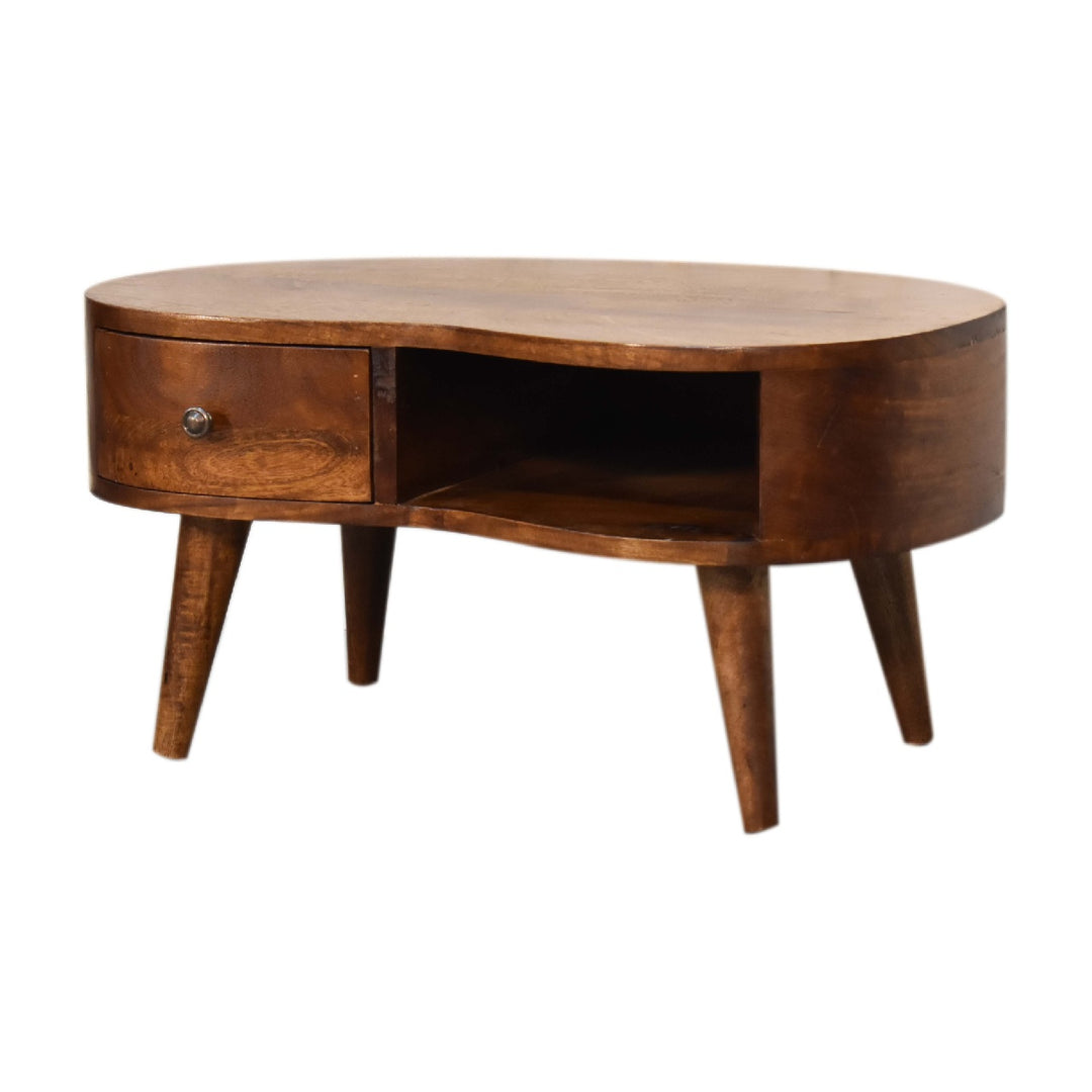 Chocolate Brown Lacquered Solid Mango Wood Mini Wave Coffee Table in Chestnut
