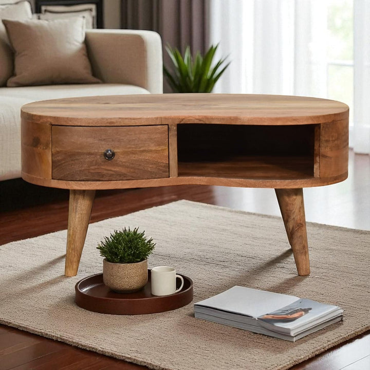 Beige Oak Veneer Solid Mango Wood Whitewashed Grey Mini Console with Nordic Legs & Glossy Knobs