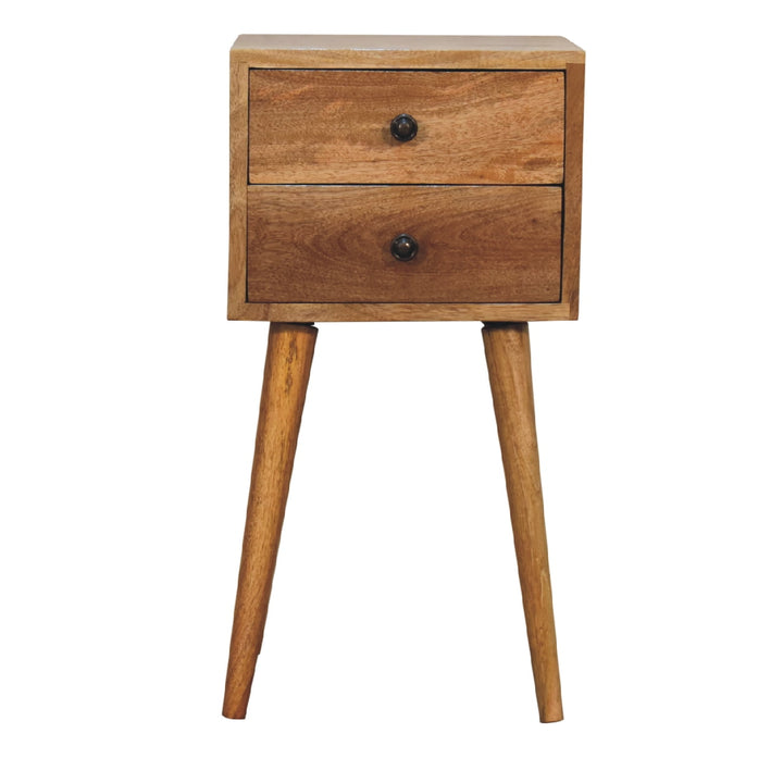 Brown Lacquered Amber Oak Solid Mango Wood Mini Bedside with Grooved Drawer & Brass Handles