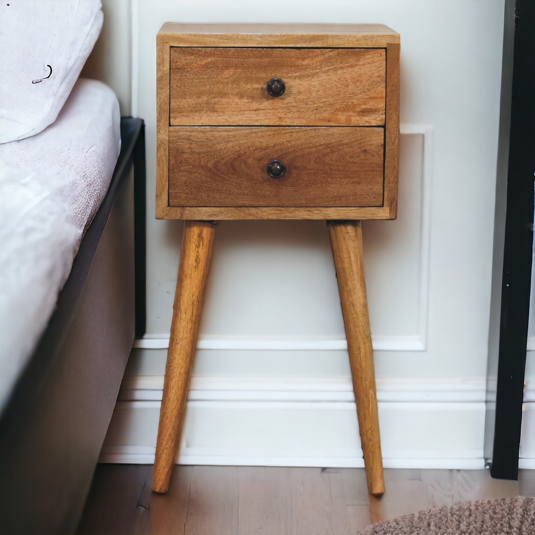 Brown Lacquered Amber Oak Solid Mango Wood Mini Bedside with Grooved Drawer & Brass Handles