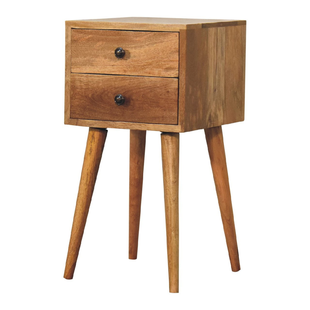 Brown Lacquered Amber Oak Solid Mango Wood Mini Bedside with Grooved Drawer & Brass Handles