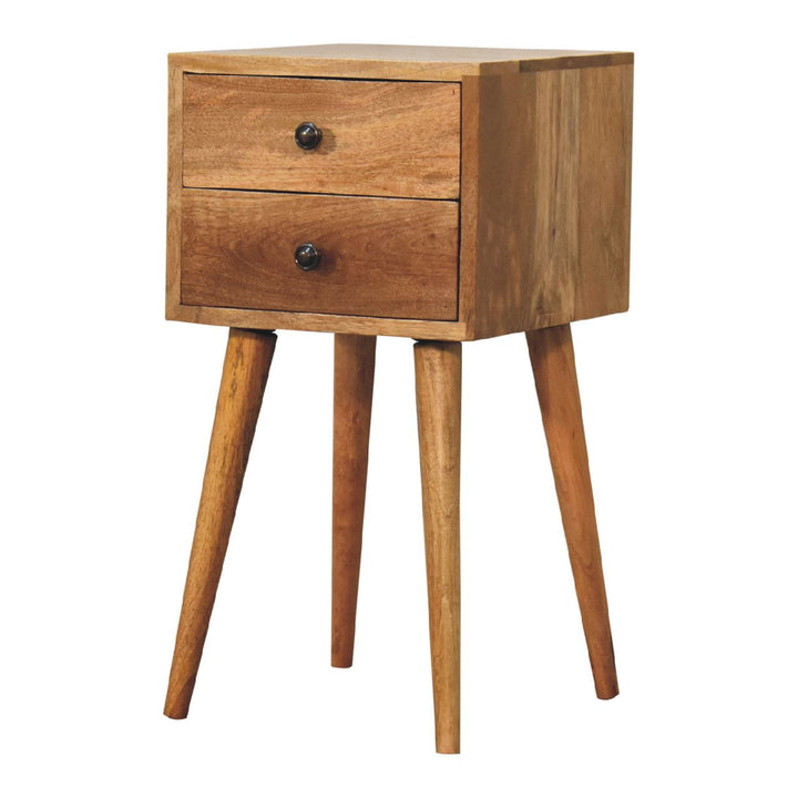 Brown Lacquered Amber Oak Solid Mango Wood Mini Bedside with Grooved Drawer & Brass Handles