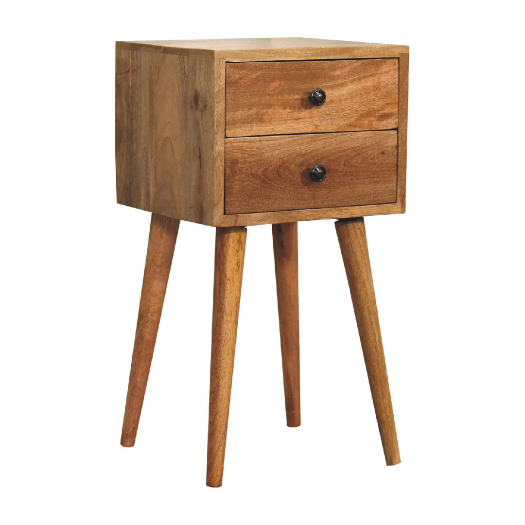 Brown Lacquered Amber Oak Solid Mango Wood Mini Bedside with Grooved Drawer & Brass Handles
