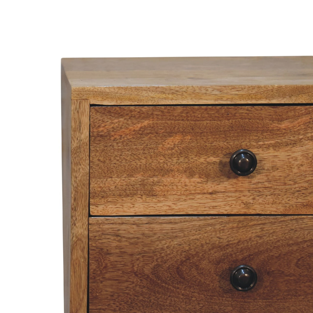 Brown Lacquered Amber Oak Solid Mango Wood Mini Bedside with Grooved Drawer & Brass Handles