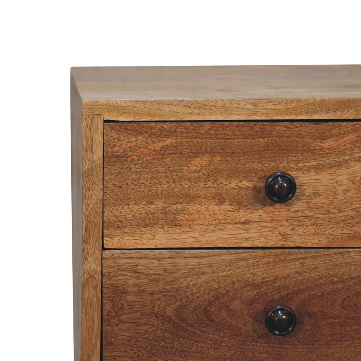 Brown Lacquered Amber Oak Solid Mango Wood Mini Bedside with Grooved Drawer & Brass Handles