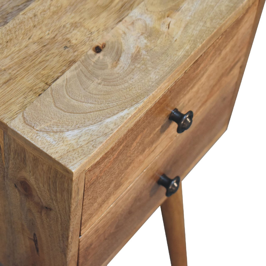 Brown Lacquered Amber Oak Solid Mango Wood Mini Bedside with Grooved Drawer & Brass Handles