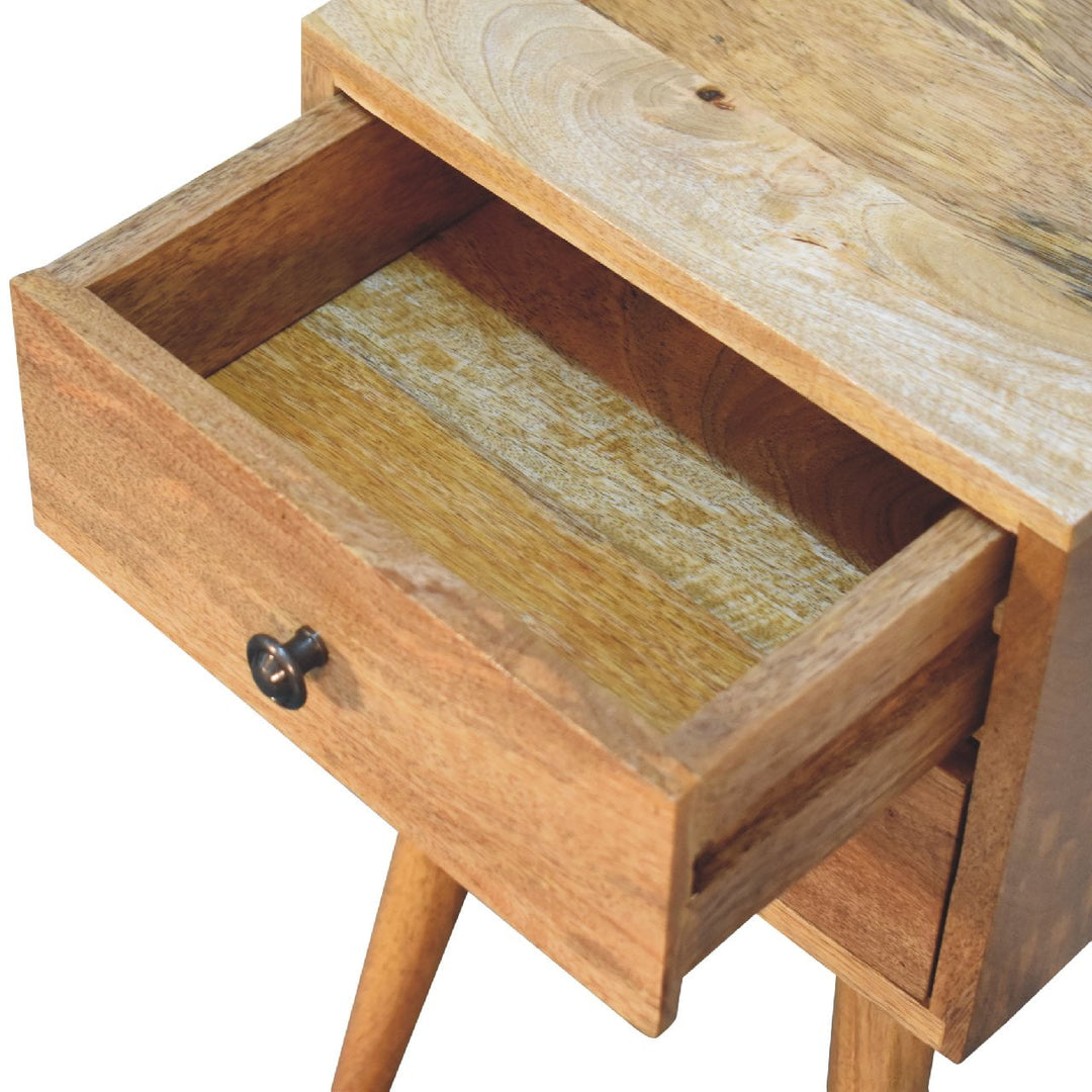 Brown Lacquered Amber Oak Solid Mango Wood Mini Bedside with Grooved Drawer & Brass Handles