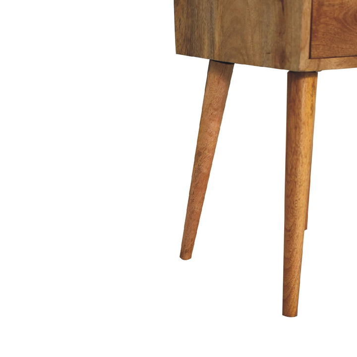 Brown Lacquered Amber Oak Solid Mango Wood Mini Bedside with Grooved Drawer & Brass Handles