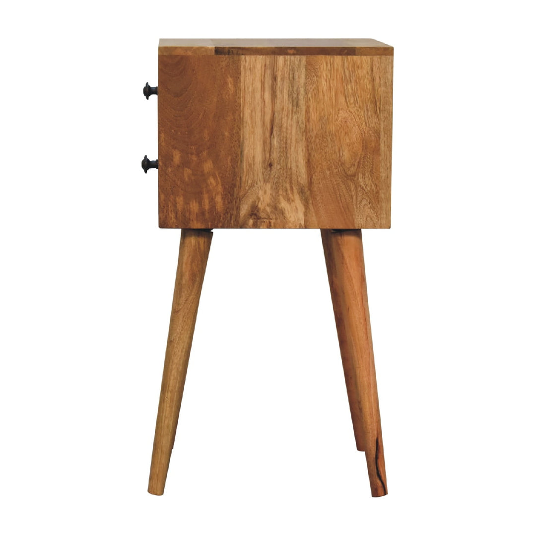 Brown Lacquered Amber Oak Solid Mango Wood Mini Bedside with Grooved Drawer & Brass Handles
