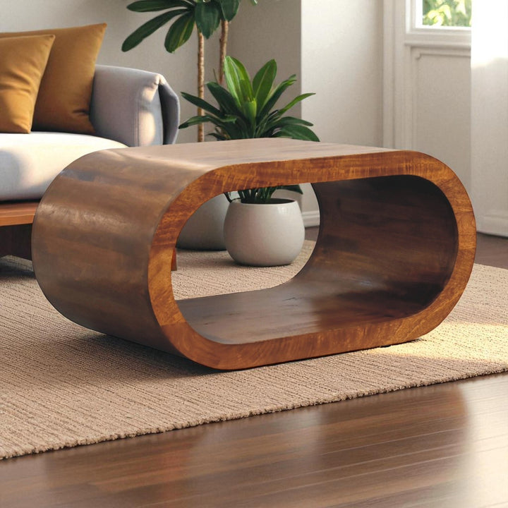 Brown Lacquered Solid Mango Wood Amaya Coffee Table with Open Slit & Curved Edges