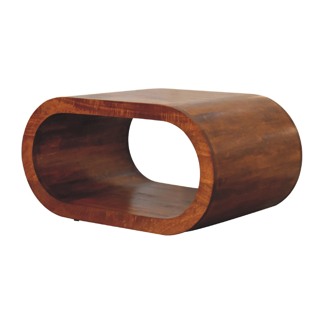 Brown Lacquered Solid Mango Wood Amaya Coffee Table with Open Slit & Curved Edges