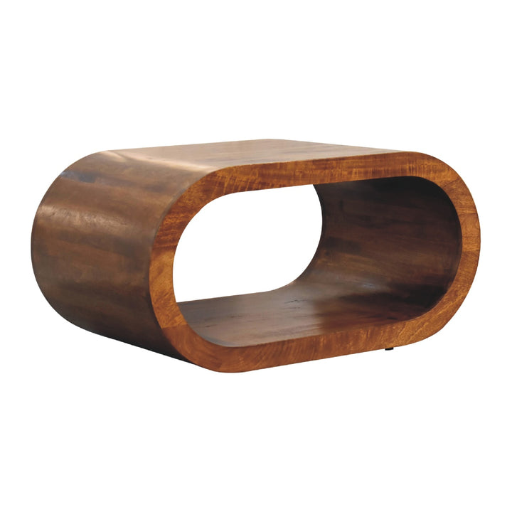 Brown Lacquered Solid Mango Wood Amaya Coffee Table with Open Slit & Curved Edges