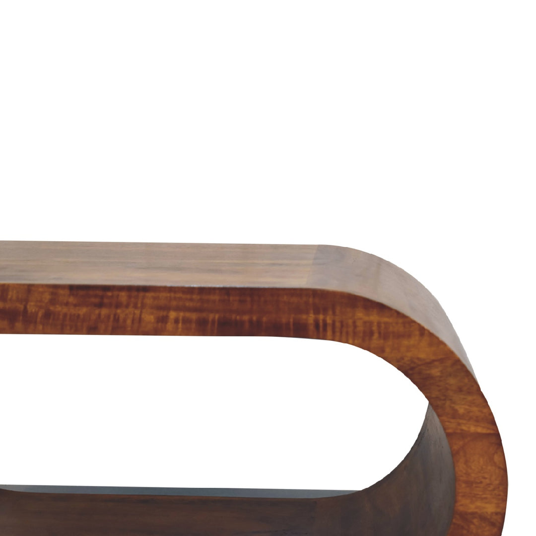 Brown Lacquered Solid Mango Wood Amaya Coffee Table with Open Slit & Curved Edges