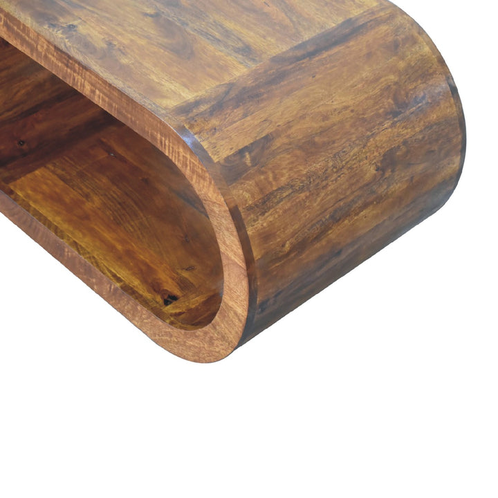 Brown Lacquered Solid Mango Wood Amaya Coffee Table with Open Slit & Curved Edges