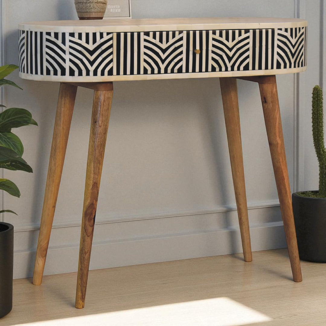 Solid Mango Wood Edessa Console Table with Bone Inlay Detail, 1 Drawer & Turned Legs | Natural Oak Finish | 90 x 35 x 78 cm