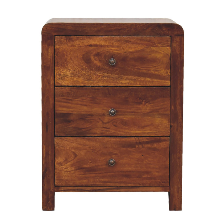 Brown Lacquered Chestnut Solid Mango Wood Naya Bedside Table with 3 Drawers & Brass Knobs