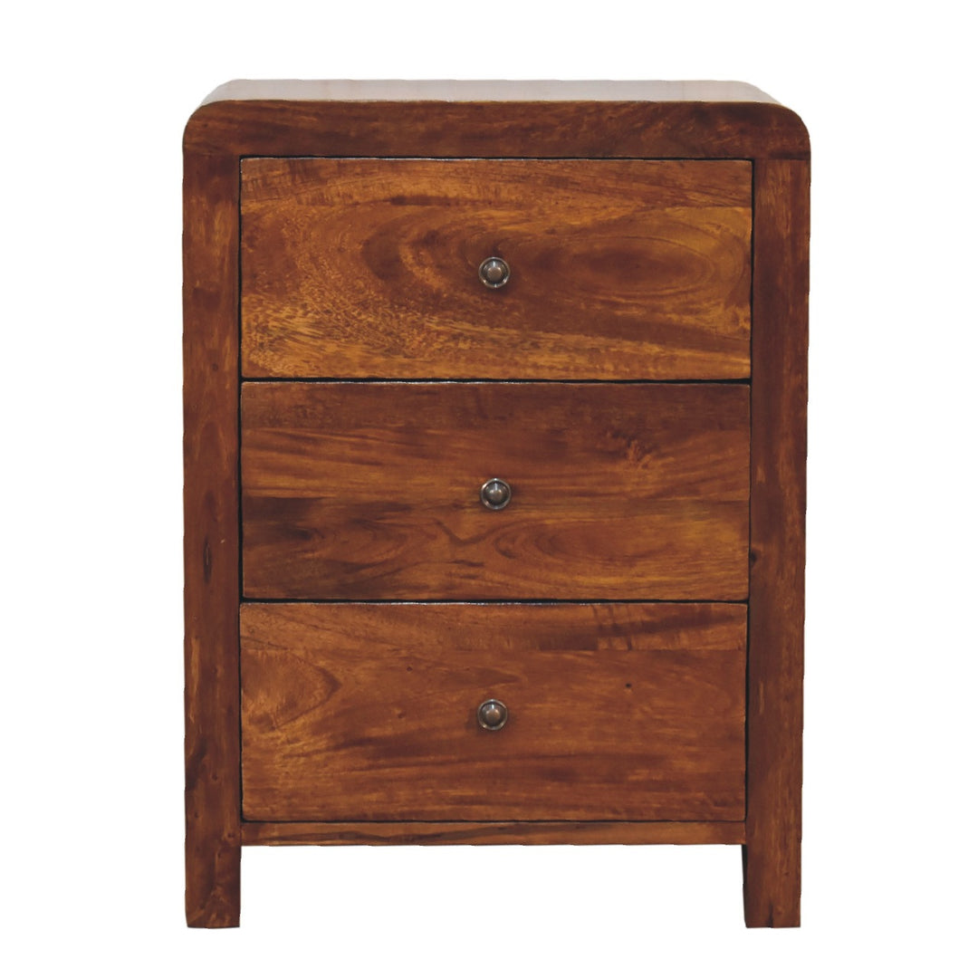 Brown Lacquered Chestnut Solid Mango Wood Naya Bedside Table with 3 Drawers & Brass Knobs
